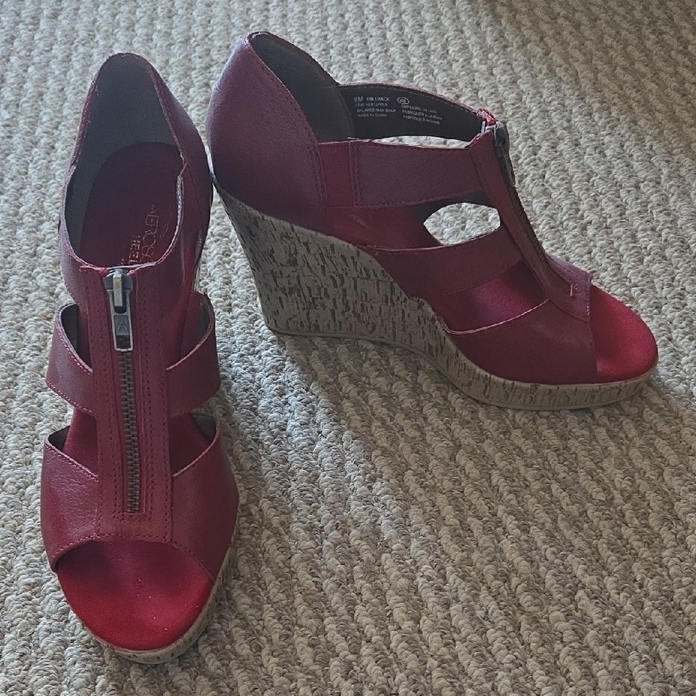 Women's Aerosoles Red Wedge Sandals with Front Zipper; Leather Upper